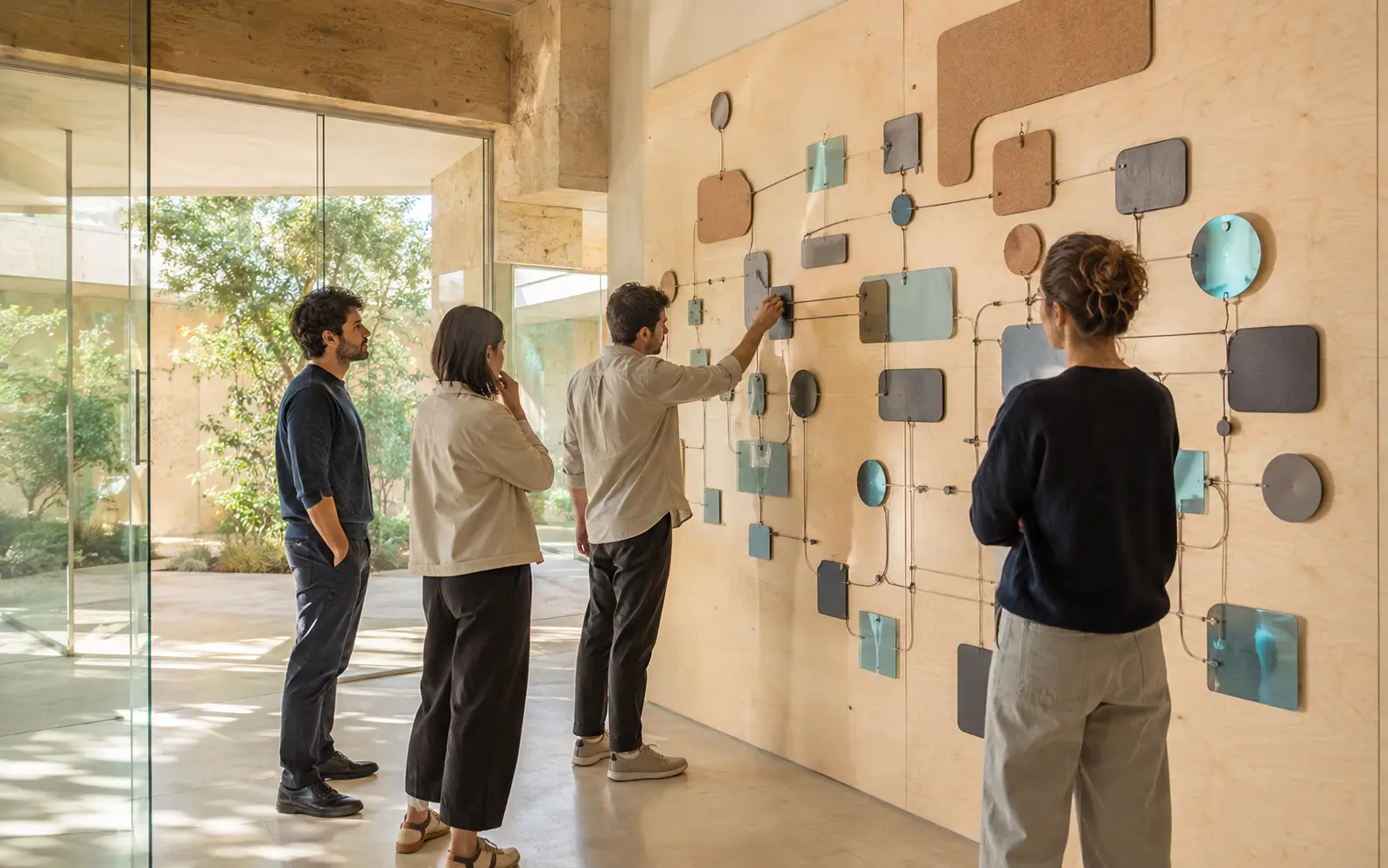 Equipo tecnológico revisando un prototipo en un estudio mediterráneo